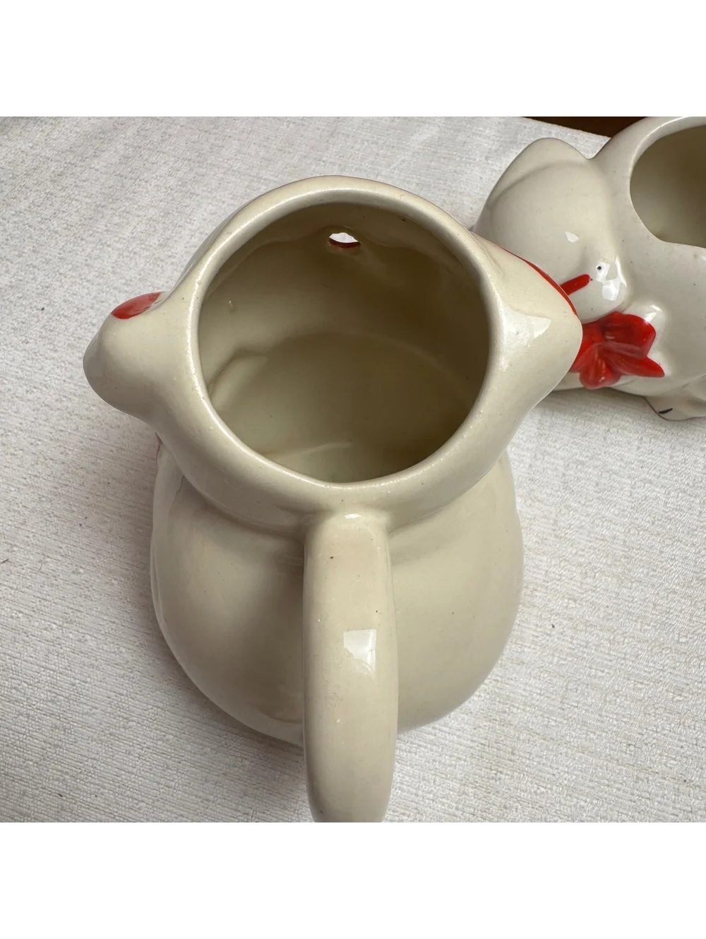 Vintage Ceramic Pig Creamer & Sugar Bowl Set Red Bow Retro Farmhouse Kitchen